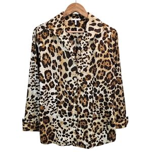 Hinson Wu Donna Shirt Size 8 Leopard Animal Print Stretch Button Down Blouse